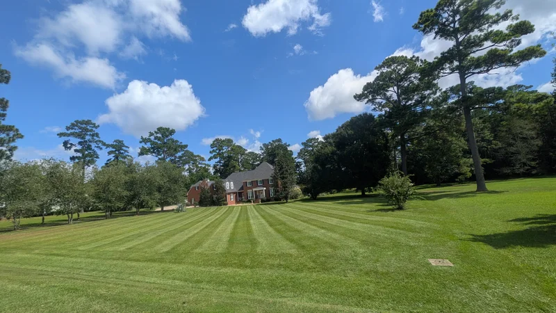 Large striped lawn at a brick home framed by mature trees